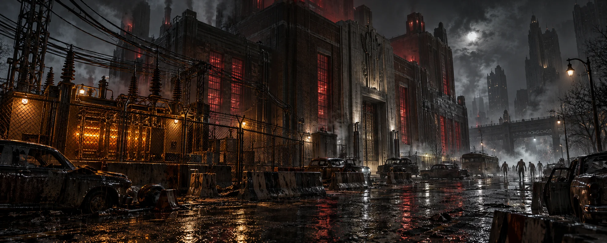 An abandoned substation glowing through a rain-soaked city street. Original world concept art.