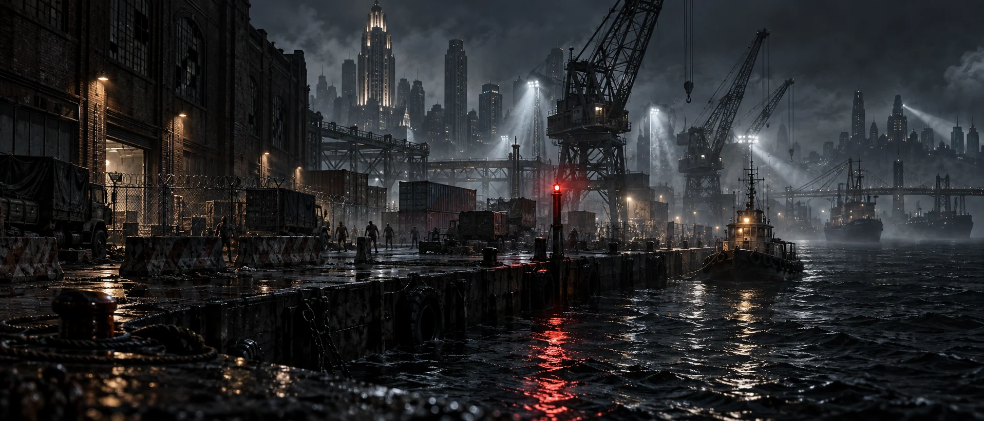A fog-covered quarantine harbour with a distant evacuation boat. Original concept art.